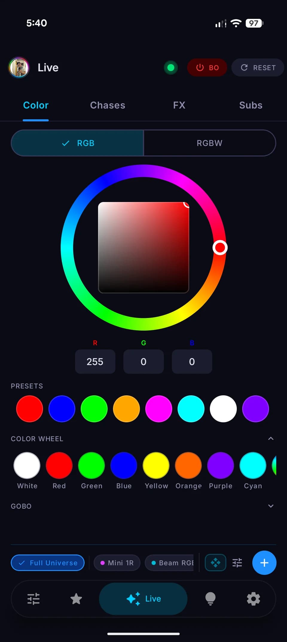 Live Color — HSV wheel